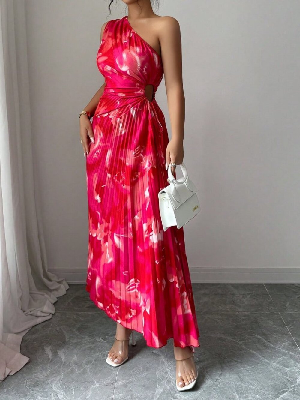 Red Elegant Women's Asymmetric Shoulder Pleated Cutout Floral Dress - Picture 4 of 6